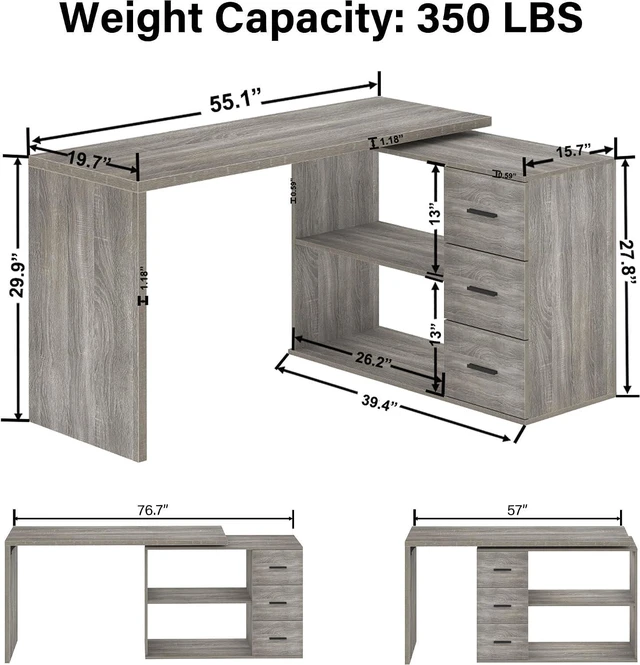 Alt view image 2 of 7 - HSH 55-76 Inch Light Grey L Shaped Desk,Corner Desk with Storage Drawers