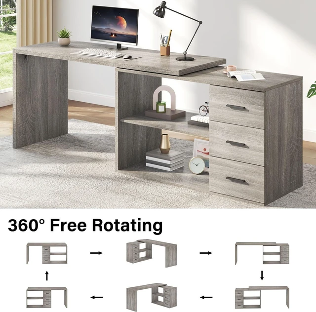 Alt view image 3 of 7 - HSH 55-76 Inch Light Grey L Shaped Desk,Corner Desk with Storage Drawers