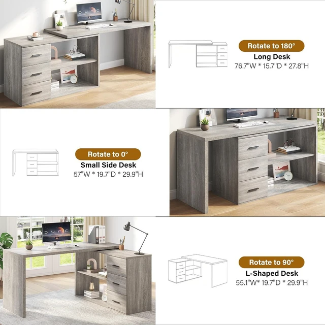 Alt view image 4 of 7 - HSH 55-76 Inch Light Grey L Shaped Desk,Corner Desk with Storage Drawers