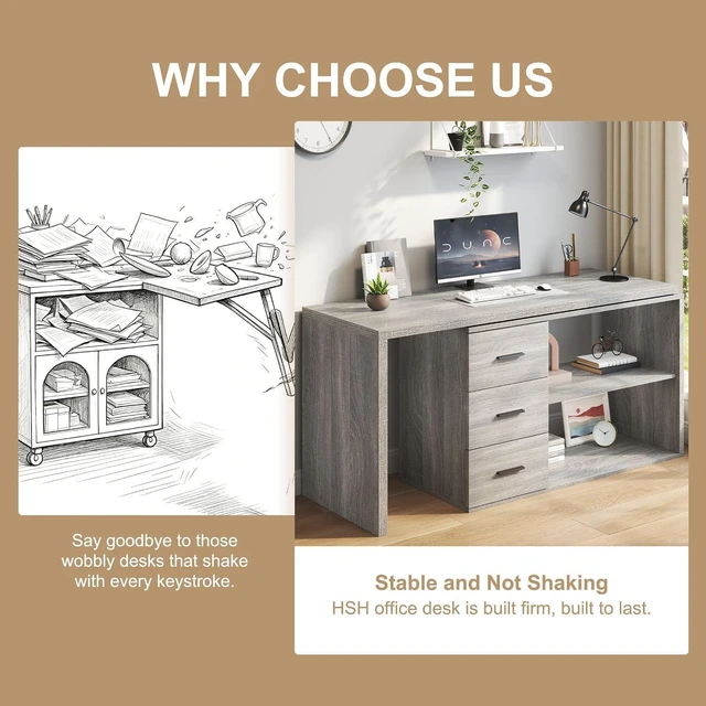 Alt view image 6 of 7 - HSH 55-76 Inch Light Grey L Shaped Desk,Corner Desk with Storage Drawers