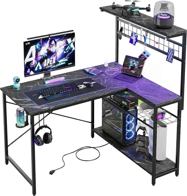Main image of Bestier 42 Corner Computer Desk with Power Outlets LED Lights, Black Marble