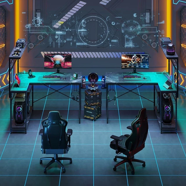 Alt view image 7 of 7 - Bestier 42 Corner Computer Desk with Power Outlets LED Lights, Black Marble
