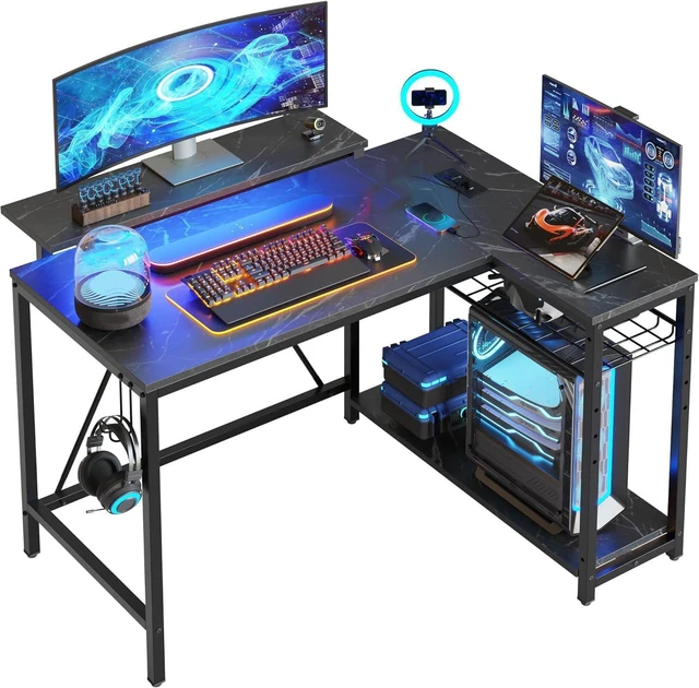 Main image of Bestier 42-Inch L-Shaped Gaming Desk with Charging & LED, Marble Black