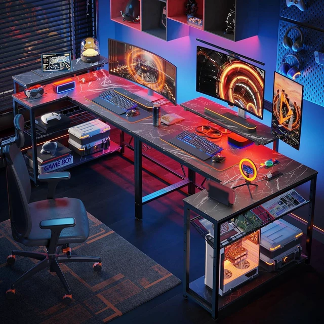 Alt view image 4 of 7 - Bestier 42-Inch L-Shaped Gaming Desk with Charging & LED, Marble Black