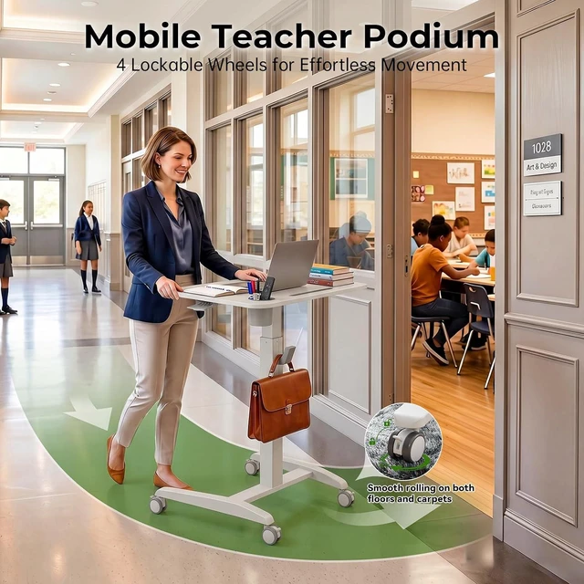 Alt view image 7 of 7 - Gibbon Mounts 27" Mobile Rolling Standing Desk with Lockable Wheels, White
