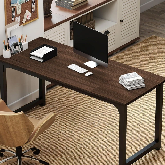 Main image of NSdirect Large Office Desk for Home Office, Large 63 Computer Desk Table, Wide Writing Study Desk for 2 Person, Metal Sturdy Frame Thicker Steel Legs, Black Chocolate