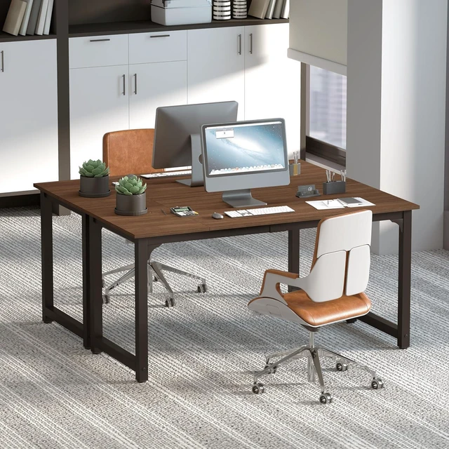 Alt view image 4 of 7 - NSdirect Large Office Desk for Home Office, Large 63 Computer Desk Table, Wide Writing Study Desk for 2 Person, Metal Sturdy Frame Thicker Steel Legs, Black Chocolate