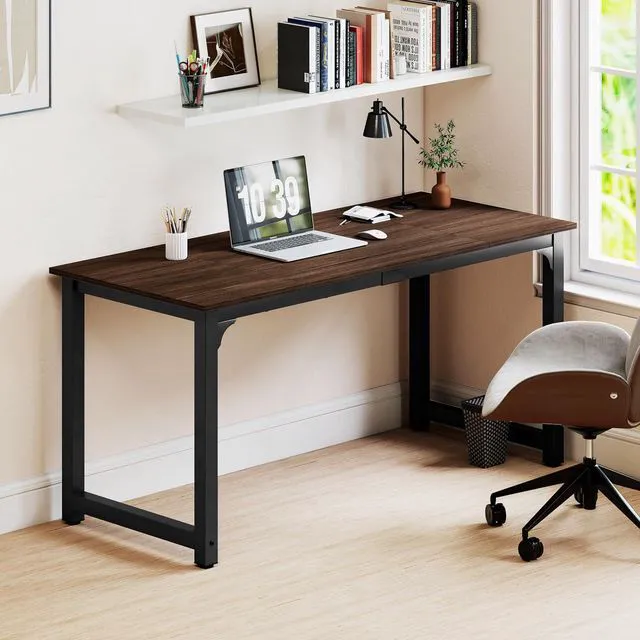 Alt view image 6 of 7 - NSdirect Large Office Desk for Home Office, Large 63 Computer Desk Table, Wide Writing Study Desk for 2 Person, Metal Sturdy Frame Thicker Steel Legs, Black Chocolate