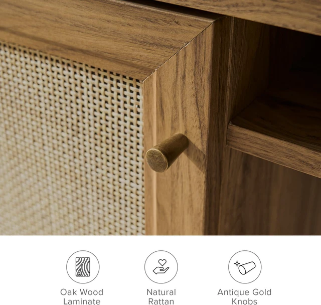 Alt view image 3 of 7 - mopio Haylee Boho Farmhouse Writing Desk, with Natural Rattan Exterior Door, Ample Storage, Adjustable Shelves, for Study, Vanity, Makeup, & Work, in Bedroom, Home Office