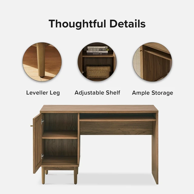 Alt view image 5 of 7 - mopio Haylee Boho Farmhouse Writing Desk, with Natural Rattan Exterior Door, Ample Storage, Adjustable Shelves, for Study, Vanity, Makeup, & Work, in Bedroom, Home Office