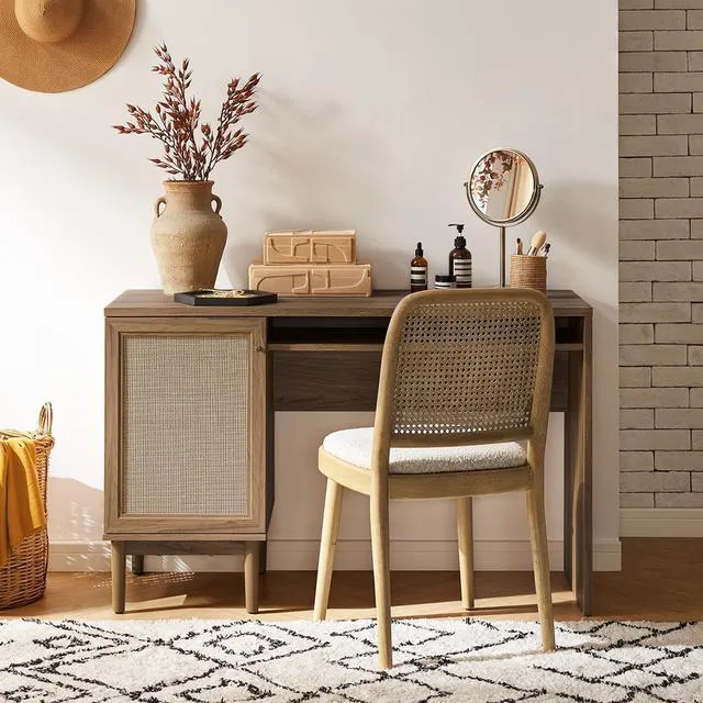 Alt view image 7 of 7 - mopio Haylee Boho Farmhouse Writing Desk, with Natural Rattan Exterior Door, Ample Storage, Adjustable Shelves, for Study, Vanity, Makeup, & Work, in Bedroom, Home Office
