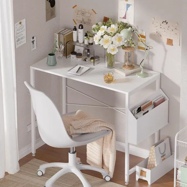 Alt view image 4 of 7 - Pamray 32 Inch Computer Desk Small Spaces Desk with Storage Bag for Bedroom Writing and Home Office Work Small Study Desk Table White