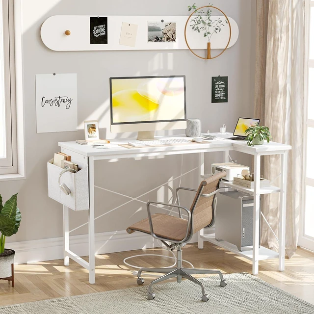 Alt view image 2 of 7 - TIQLAB L Shaped Computer Desk with Power Outlets, 47 Inch Small Corner Desk with Reversible Shelves, Gaming Desk Computer Table Study Writing Desk for Home Office Small Space, White