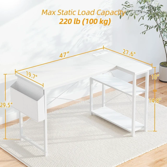 Alt view image 3 of 7 - TIQLAB L Shaped Computer Desk with Power Outlets, 47 Inch Small Corner Desk with Reversible Shelves, Gaming Desk Computer Table Study Writing Desk for Home Office Small Space, White