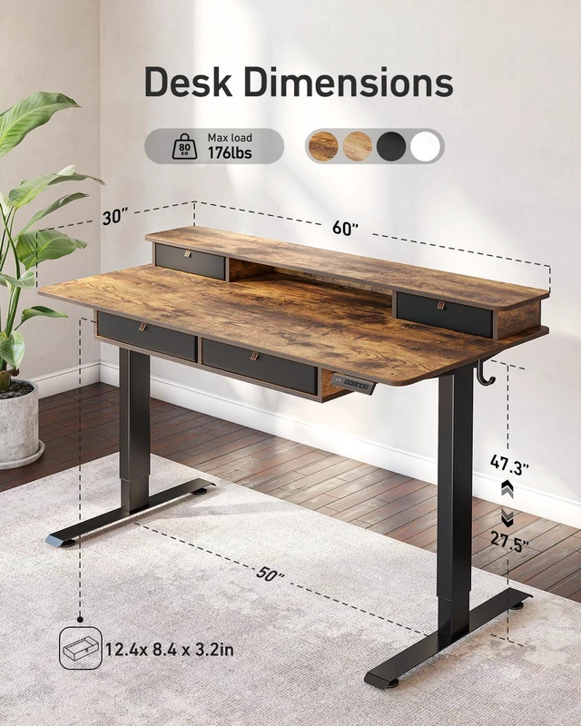Alt view image 3 of 7 - FEZIBO 60 x 30 inch Standing Electric Desk with Drawers, Rustic Brown