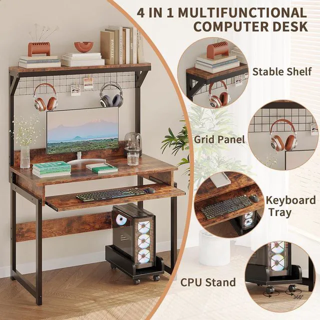 Alt view image 4 of 7 - ALISENED 31.5" Small Computer Desk with Hutch & Keyboard Tray
