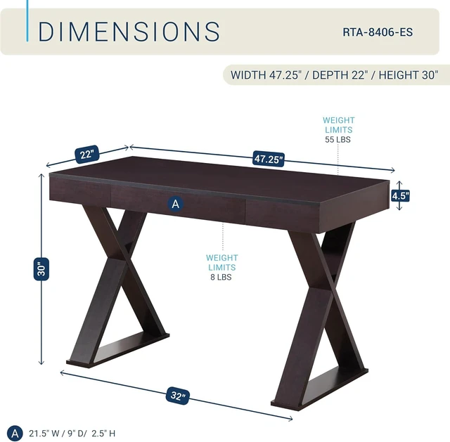 Alt view image 3 of 7 - Techni Mobili 47" Trendy Writing Desk w/Drawer,Modern Home Office,Espresso