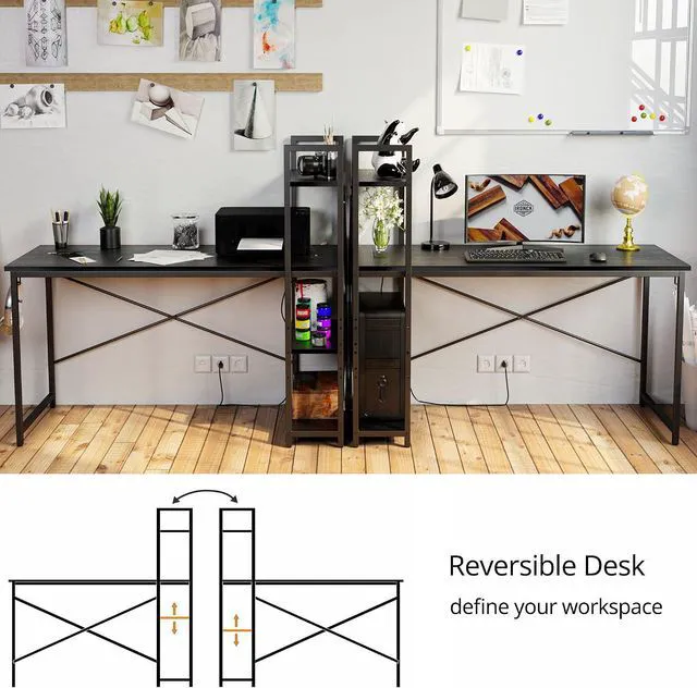 Alt view image 5 of 7 - IRONCK Computer Desk 55" with Power Outlet and Storage Shelves, Study Writing Table with USB Ports Charging Station, PC Desk Workstation for Home Office, Black