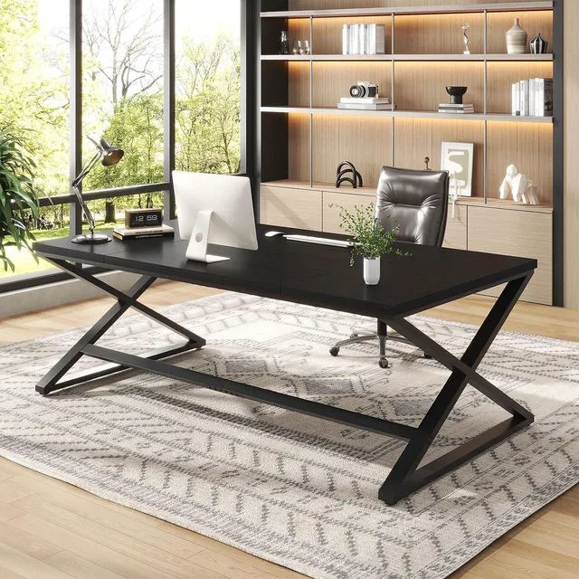 Main image of IBF Large Black Oak Computer Desk, 70.8" Long Writing Desk for Home Office