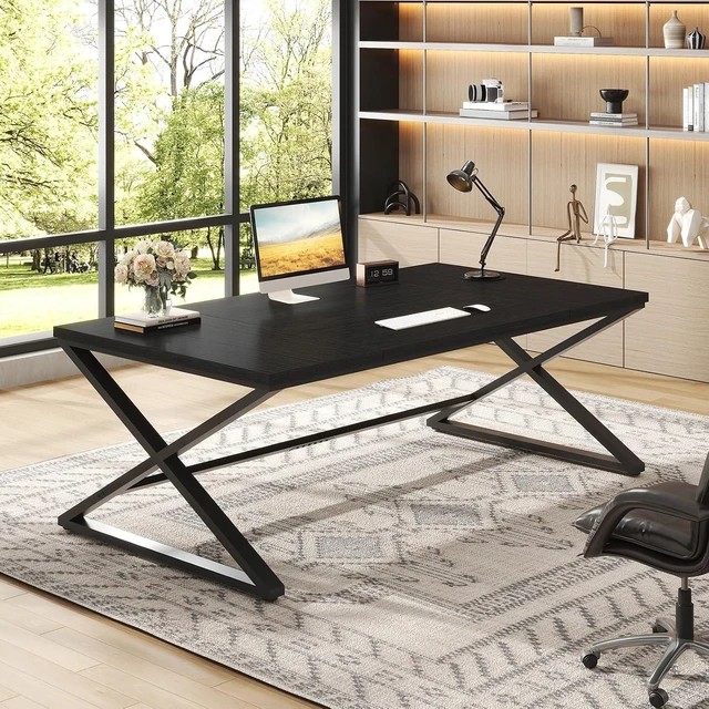 Alt view image 3 of 7 - IBF Large Black Oak Computer Desk, 70.8" Long Writing Desk for Home Office