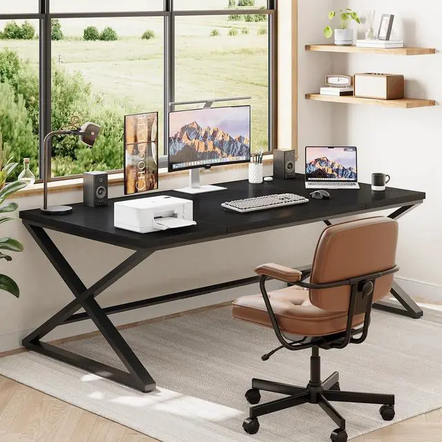 Alt view image 7 of 7 - IBF Large Black Oak Computer Desk, 70.8" Long Writing Desk for Home Office