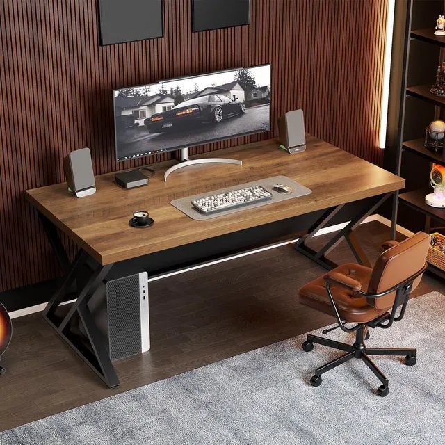 Alt view image 3 of 7 - LVB 55 Inch Modern Computer Office Desk Metal Wood Writing Desks Rustic Oak