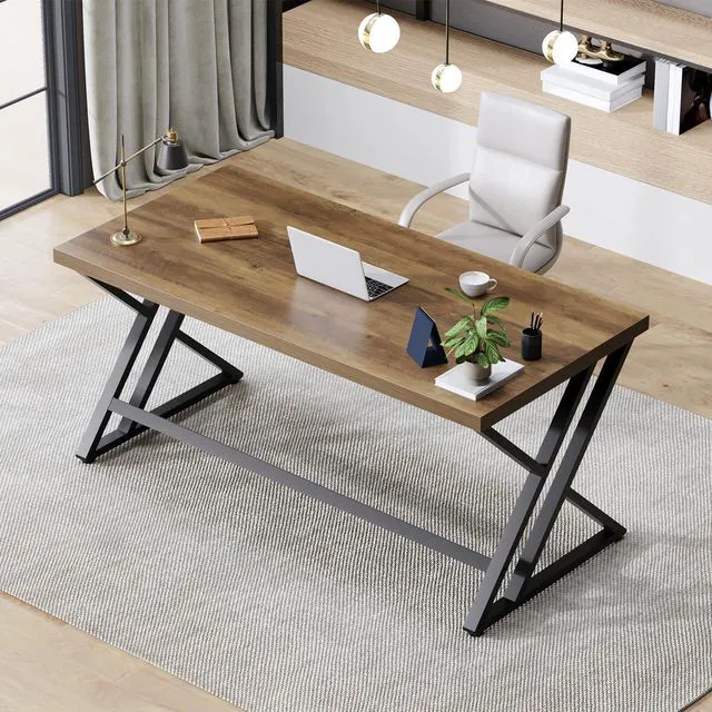 Alt view image 5 of 7 - LVB 55 Inch Modern Computer Office Desk Metal Wood Writing Desks Rustic Oak
