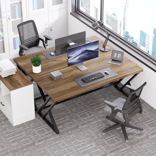 Alt view image 7 of 7 - LVB 55 Inch Modern Computer Office Desk Metal Wood Writing Desks Rustic Oak