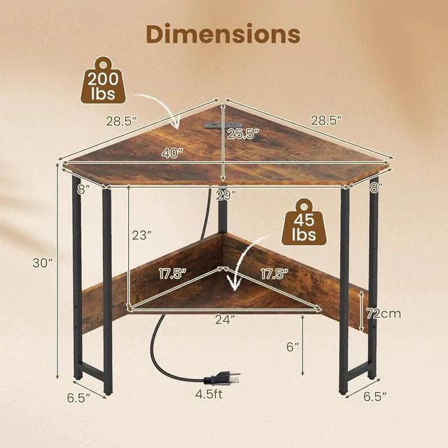 Alt view image 3 of 7 - GOFLAME Corner Desk with Power Outlet, Triangle Computer Desk for Small Space, Space-Saving Writing Desk with Storage Shelf and Charging Station, Modern Laptop PC Desk for Home Office, Rustic Brown