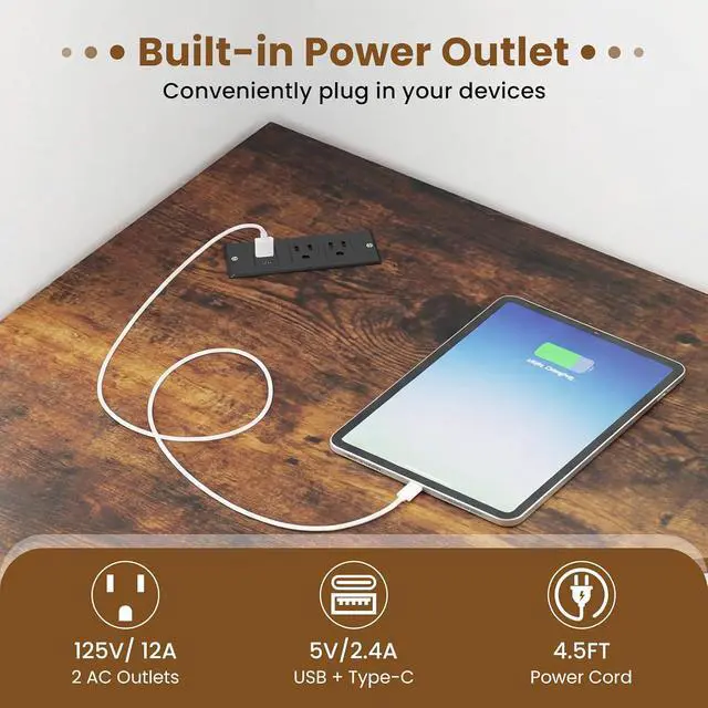 Alt view image 5 of 7 - GOFLAME Corner Desk with Power Outlet, Triangle Computer Desk for Small Space, Space-Saving Writing Desk with Storage Shelf and Charging Station, Modern Laptop PC Desk for Home Office, Rustic Brown