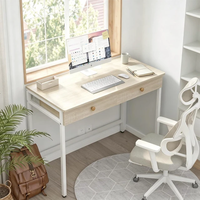 Alt view image 4 of 7 - Weehom Computer Desk with Drawers, Home Office Workstation, Beige