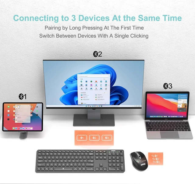 Alt view image 2 of 7 - Arteck Universal Multi-Device Bluetooth Keyboard and Mouse Full Size Wireless Bluetooth Keyboard and Ergonomic Mouse Set for Windows, iOS, Android, Computer Desktop PC Laptop iPad Tablet Smartphone