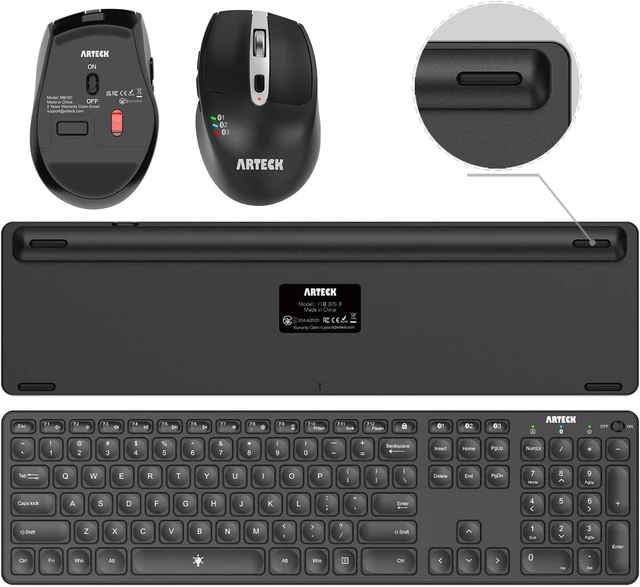 Alt view image 3 of 7 - Arteck Universal Multi-Device Bluetooth Keyboard and Mouse Full Size Wireless Bluetooth Keyboard and Ergonomic Mouse Set for Windows, iOS, Android, Computer Desktop PC Laptop iPad Tablet Smartphone