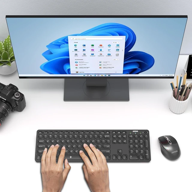 Alt view image 7 of 7 - Arteck Universal Multi-Device Bluetooth Keyboard and Mouse Full Size Wireless Bluetooth Keyboard and Ergonomic Mouse Set for Windows, iOS, Android, Computer Desktop PC Laptop iPad Tablet Smartphone
