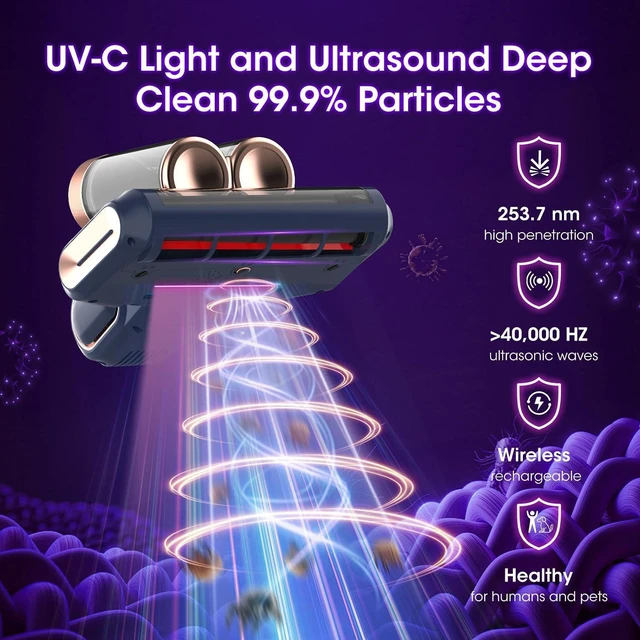 Alt view image 3 of 7 - Bed Mattress Vacuum Cleaner Cordless 16Kpa Handheld Vacuum, Vacuum Cleaner with 253.7nm UV-C Light,HEPA Filter & Ultrasonic, Portable Vacuums for Sofa Couch Crib Birthday Gifts for women blue+gold