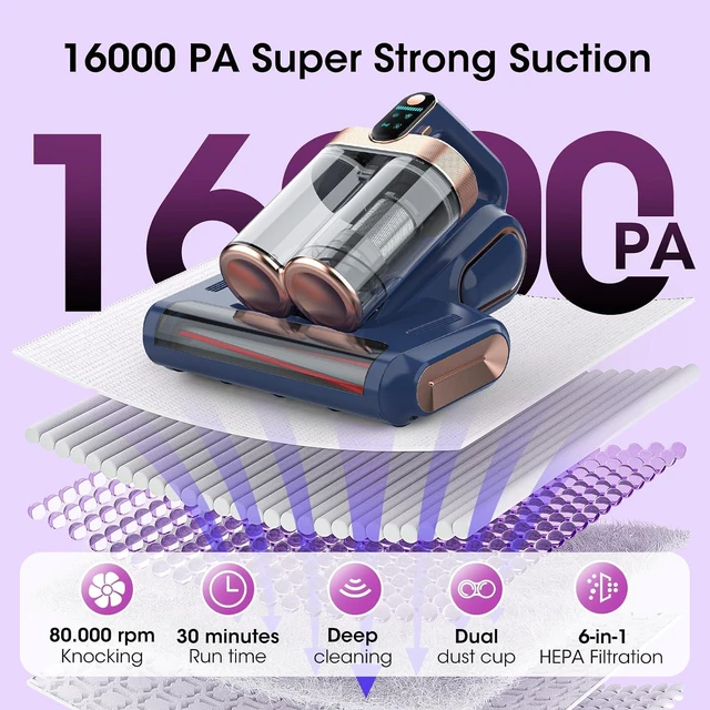 Alt view image 4 of 7 - Bed Mattress Vacuum Cleaner Cordless 16Kpa Handheld Vacuum, Vacuum Cleaner with 253.7nm UV-C Light,HEPA Filter & Ultrasonic, Portable Vacuums for Sofa Couch Crib Birthday Gifts for women blue+gold