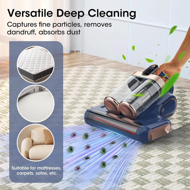 Alt view image 5 of 7 - Bed Mattress Vacuum Cleaner Cordless 16Kpa Handheld Vacuum, Vacuum Cleaner with 253.7nm UV-C Light,HEPA Filter & Ultrasonic, Portable Vacuums for Sofa Couch Crib Birthday Gifts for women blue+gold