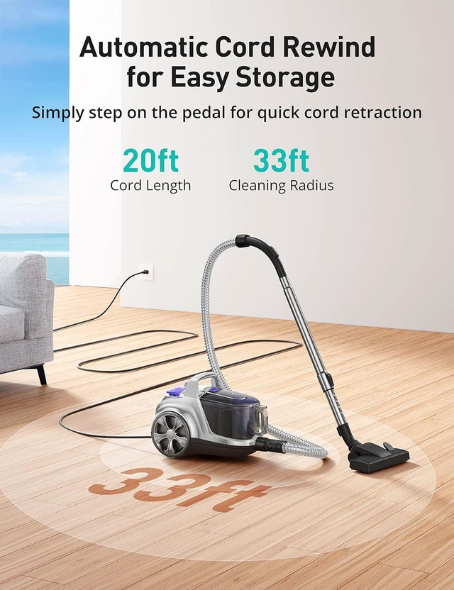 Alt view image 5 of 7 - Aspiron Canister Vacuum Cleaner, Lightweight Bagless Vacuum Cleaner, 3.7QT Large Dust Cup, Automatic Cord Rewind, 5 Tools, HEPA Filter, Variable Speed Portable Vacuum for Hard Floors, Pet, Car, Silver
