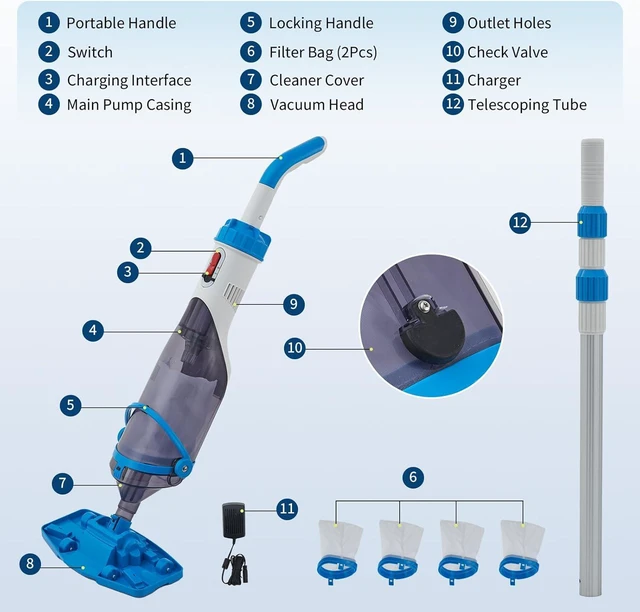 Alt view image 6 of 7 - Garvee Cordless Pool Vacuum with Telescopic Pole, 18.5 GPM Powerful Suction, 60 Min Runtime, Handheld Rechargeable Pool Vacuum Cleaner for Above Ground/Inground Pools Hot Tubs Spas