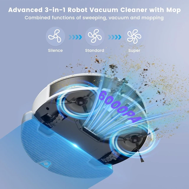 Alt view image 2 of 7 - OKP Lidar Robot Vacuum and Mop Combo, 6000Pa Automatic Robotic Vacuum, Smart Mapping, 3.7 inch Thin, 150 Min Max, 5G WiFi/App/Alexa Control, Ideal for Pet Hair, Hardfloors, Carpets, Home(L6 Aqua)