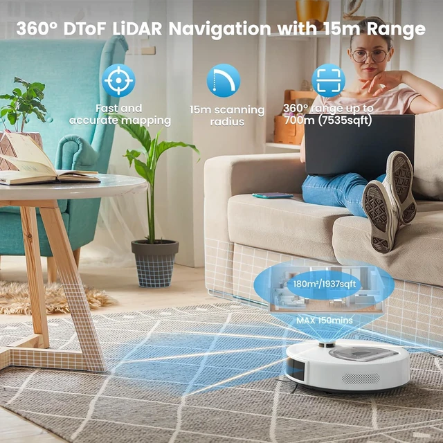 Alt view image 3 of 7 - OKP Lidar Robot Vacuum and Mop Combo, 6000Pa Automatic Robotic Vacuum, Smart Mapping, 3.7 inch Thin, 150 Min Max, 5G WiFi/App/Alexa Control, Ideal for Pet Hair, Hardfloors, Carpets, Home(L6 Aqua)