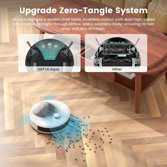 Alt view image 5 of 7 - OKP Lidar Robot Vacuum and Mop Combo, 6000Pa Automatic Robotic Vacuum, Smart Mapping, 3.7 inch Thin, 150 Min Max, 5G WiFi/App/Alexa Control, Ideal for Pet Hair, Hardfloors, Carpets, Home(L6 Aqua)