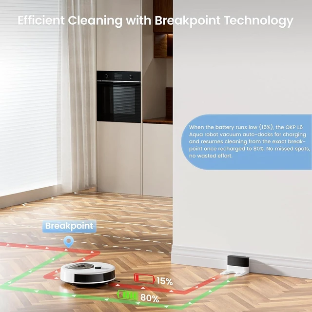 Alt view image 6 of 7 - OKP Lidar Robot Vacuum and Mop Combo, 6000Pa Automatic Robotic Vacuum, Smart Mapping, 3.7 inch Thin, 150 Min Max, 5G WiFi/App/Alexa Control, Ideal for Pet Hair, Hardfloors, Carpets, Home(L6 Aqua)