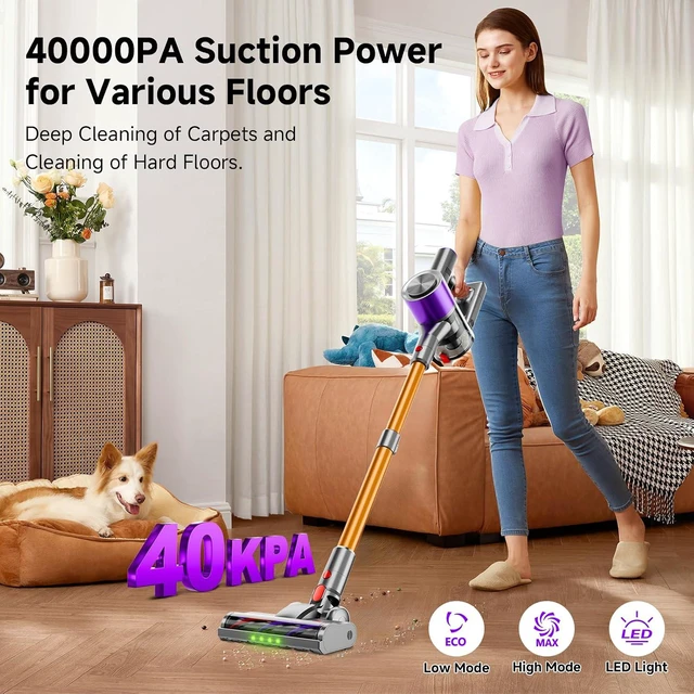 Alt view image 2 of 7 - Cordless Stick Vacuum Cleaner, 40Kpa Powerful Vacuum with LED Headlights