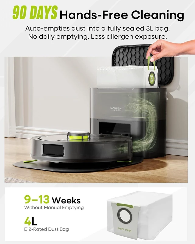 Alt view image 2 of 7 - MONSGA Robot Vacuum and Mop, 90 Days Self-Emptying with 8000Pa Suction