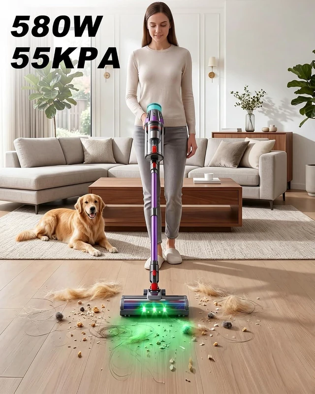 Alt view image 2 of 7 - Cordless Vacuum Cleaner for Home,Self-Standing Stick Vacuum with Touch Screen,55KPa Suction,580W Motor & Up to 70-Min Runtime,Anti-Tangle Vacuum for Pet Hair,Carpet & Hardwood Floors