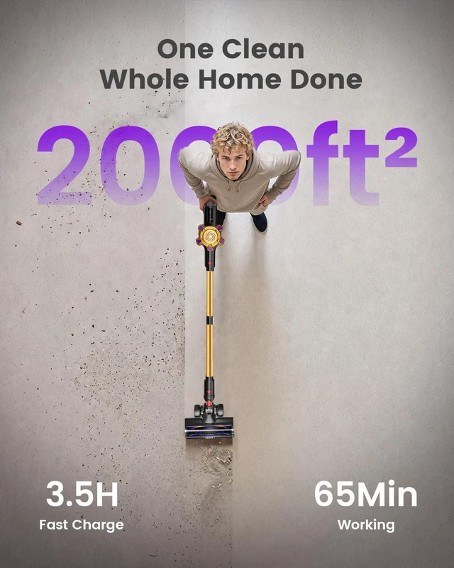 Alt view image 3 of 7 - Cordless Vacuum Cleaner, 580W 50Kpa Powerful Stick Vacuum with 65 Mins Runtime,Anti-Tangle, Self-Standing, Rechargeable,Lightweight Vacuum Cleaners for Home Hardwood Floor Carpet Pet