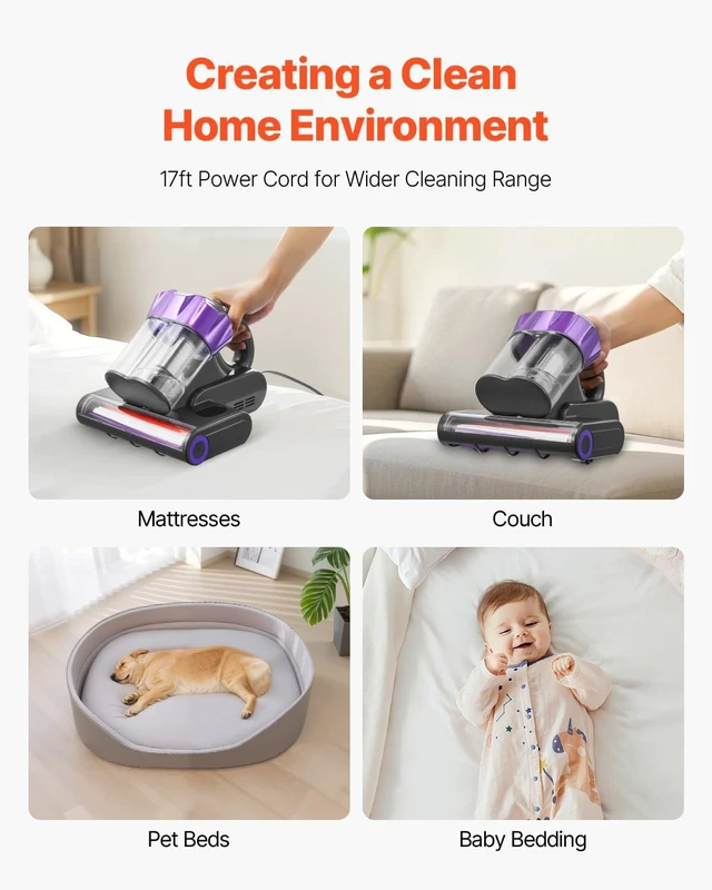 Alt view image 6 of 7 - VEVOR Mattress Vacuum Cleaner, 550W Bed Vacuum Cleaner with 18Kpa Powerful Suction and Dual Dust Bin, HEPA Filter & Heating, Ultrasound Tech & Cleaning Lights, Handheld for Bed, Sofa, Corded, Gray