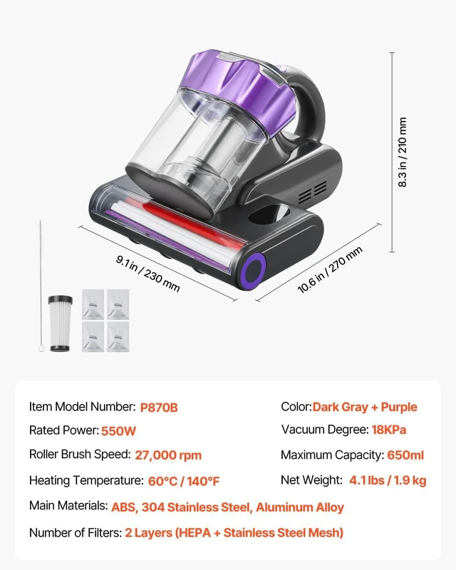 Alt view image 7 of 7 - VEVOR Mattress Vacuum Cleaner, 550W Bed Vacuum Cleaner with 18Kpa Powerful Suction and Dual Dust Bin, HEPA Filter & Heating, Ultrasound Tech & Cleaning Lights, Handheld for Bed, Sofa, Corded, Gray
