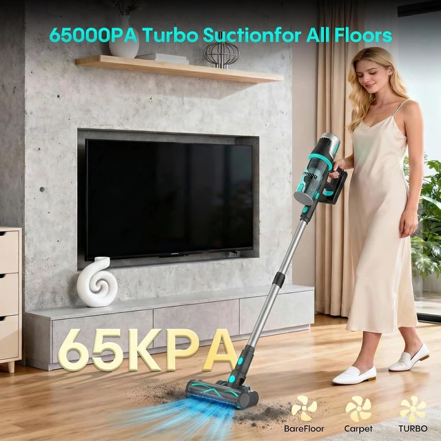 Alt view image 4 of 7 - Bagotte Cordless Vacuum Cleaner,65KPa 65Mins Stick Vacuum with Self-Standing,Anti-Tangle Touch Screen LED Display, Detachable Battery Pack, Rechargeable Vacuum Cleaners for Home/Carpet/Pet Hair